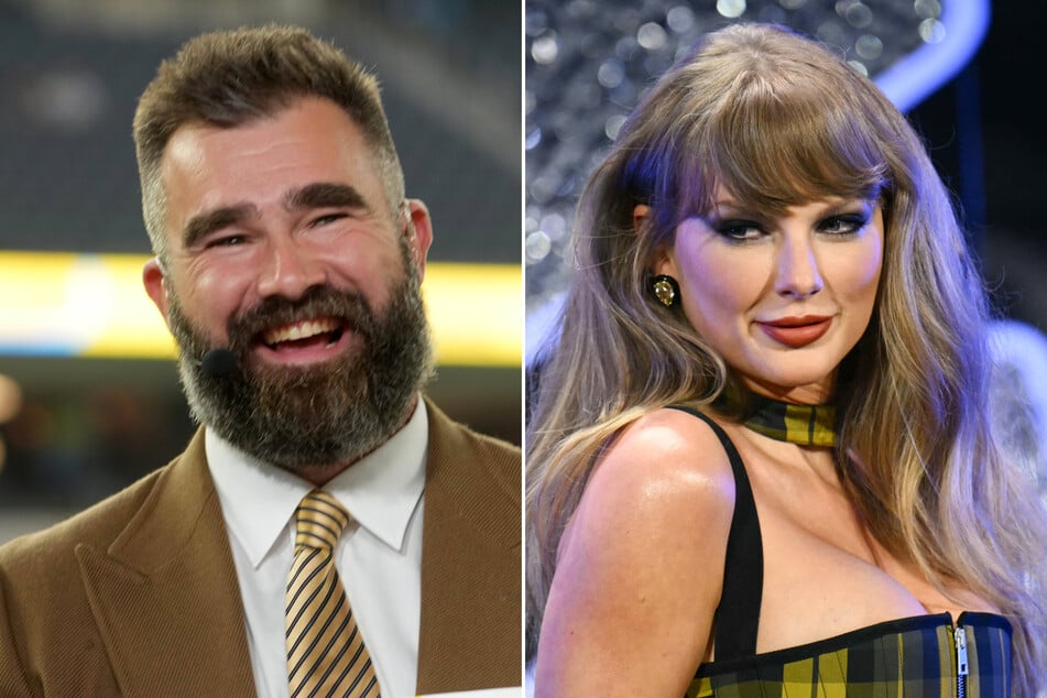 Jason Kelce (l.) praised Taylor Swift in a new interview with The Rich Eisen Show on Monday.