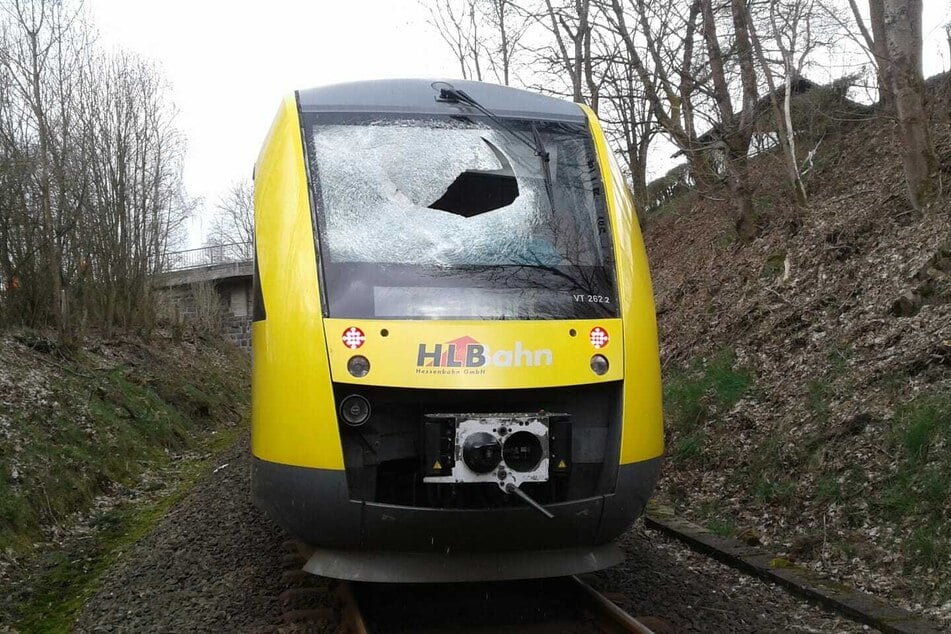 Die auf Höhe des Fahrerhauses angebrachten Gullydeckel hatten ein großes Loch in die Windschutzscheibe geschlagen.