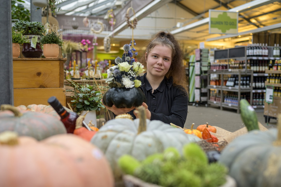 Deko darf nicht fehlen: Im Gartenfachmarkt Richter rückt Maja Hainich (18) Kürbisse und Gestecke zurecht.