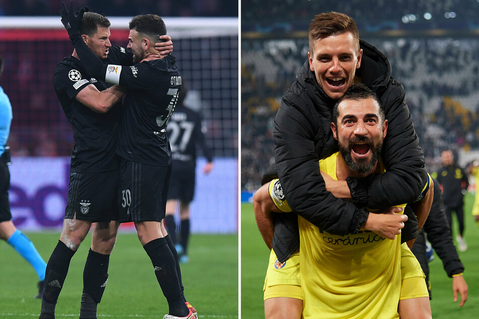 Jan Vertonghen and Nicolas Otamendi celebrate Benfica's win at Ajax (l.); Giovani Lo Celso and Raul Albiol after Villarreal's shock victory over Juventus.