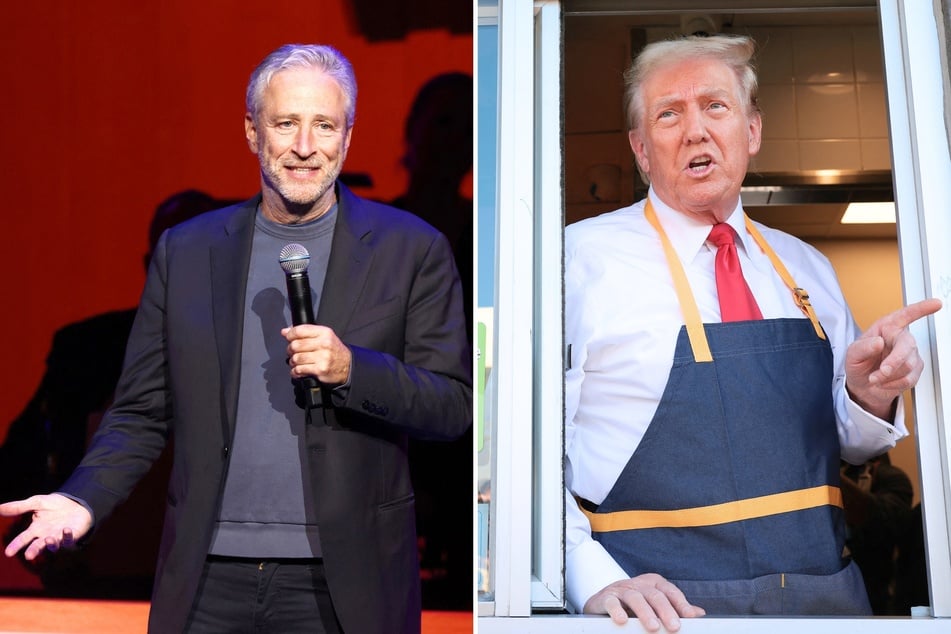 Political commentator Jon Stewart (l.) gave an optimistic speech about the state of the country on The Daily Show after Donald Trump won the presidential election.