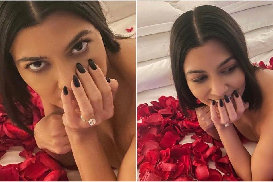 Kourtney Kardashian adorably showed off her oval-shaped engagement ring on Instagram.