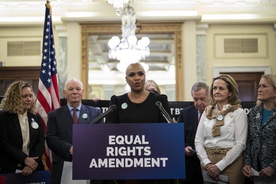 Rep. Ayanna Pressley announces a joint resolution to affirm the ratification of the Equal Rights Amendment during a news conference on Capitol Hill on January 31, 2023.