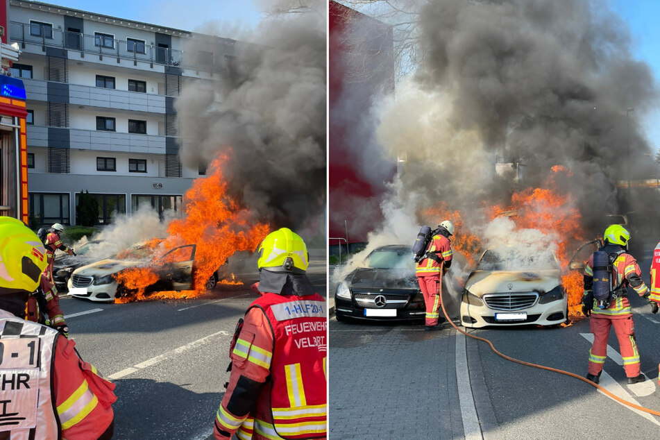 In Velbert-Mitte stand ein Taxi in Flammen. (Fotomontage)