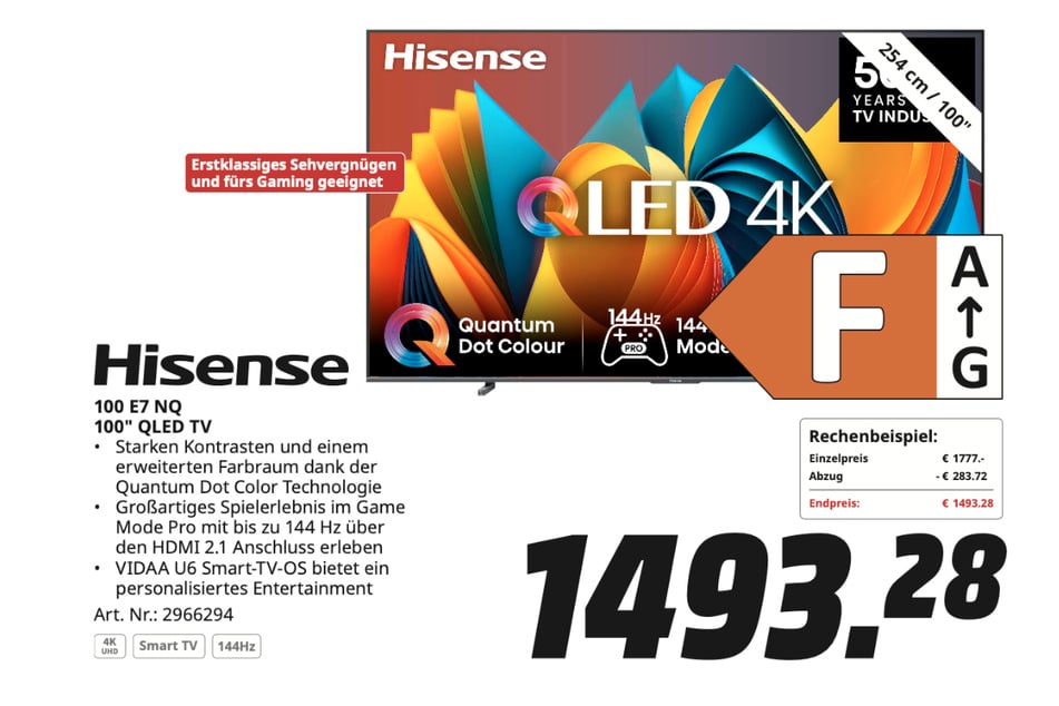 Hisense-Fernseher 100E7NQ für 1.493,28 Euro.
