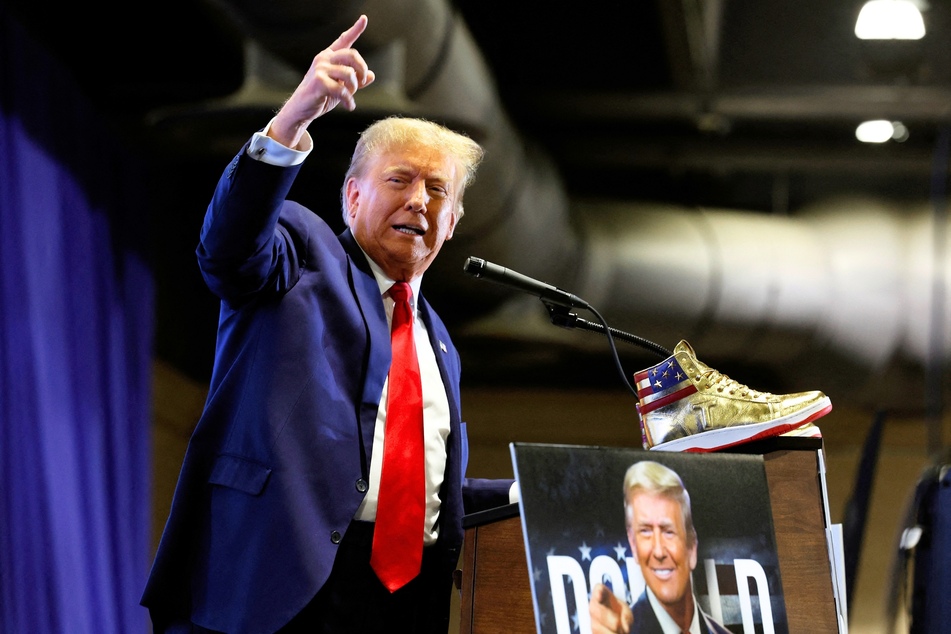 Donald Trump introducing a new line of signature shoes at Sneaker Con in Philadelphia, Pennsylvania on February 17, 2024.