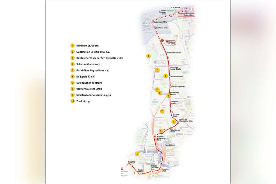 Die Leipziger Verkehrsbetriebe haben visualisiert, wie die Linie 14 ab Ende November fahren wird.