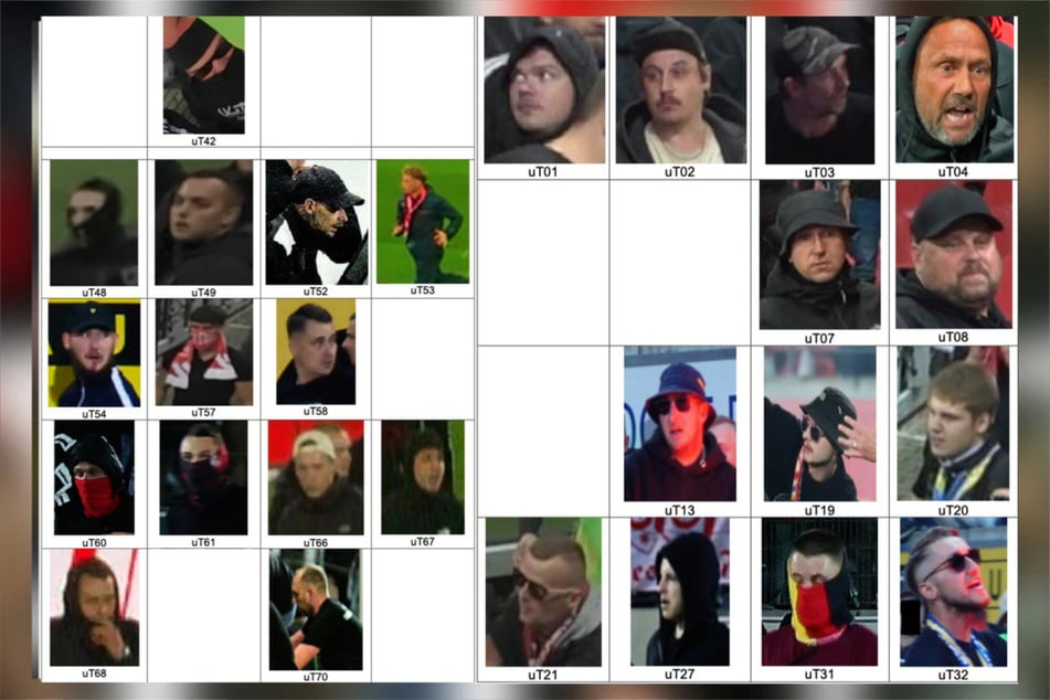 Die Polizei hat die Gesichter der Tatverdächtigen veröffentlicht. Die weißen Kästen stehen für bereits ermittelte Personen.