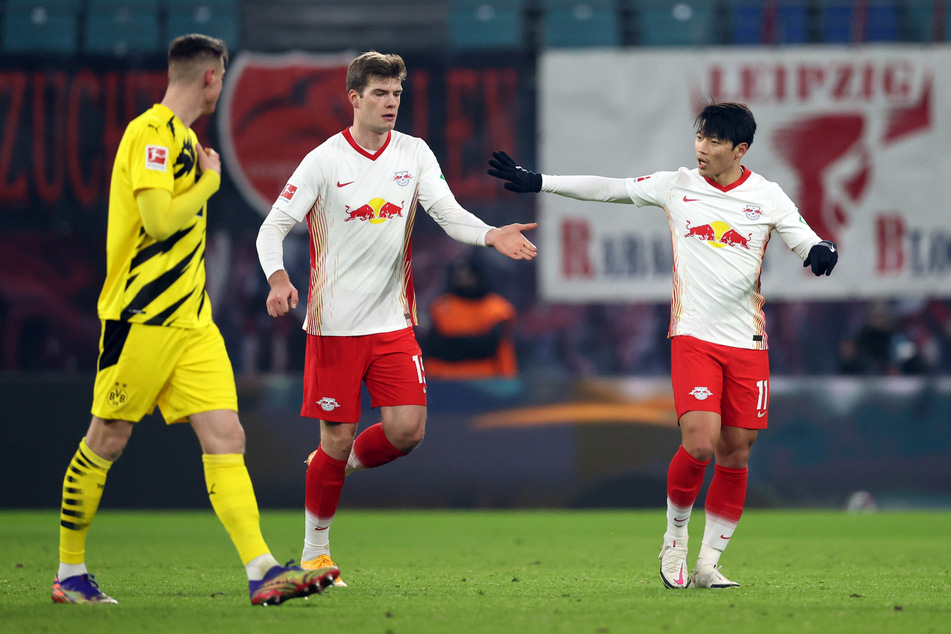 Sörloth (M.) erzielte in der 90. Minute das 1:3 für RB Leipzig - sein erstes Bundesligator.