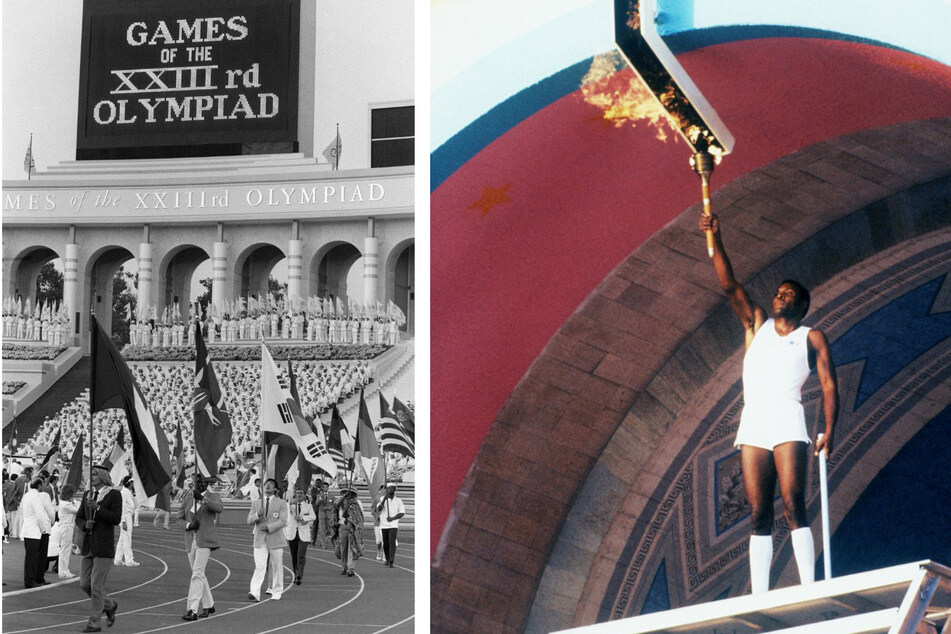 Delegations walk with flags during the opening ceremony of the 1984 Summer Olympics in Los Angeles, as US decathlete Rafer Johnson lights the Olympic torch (archive images).