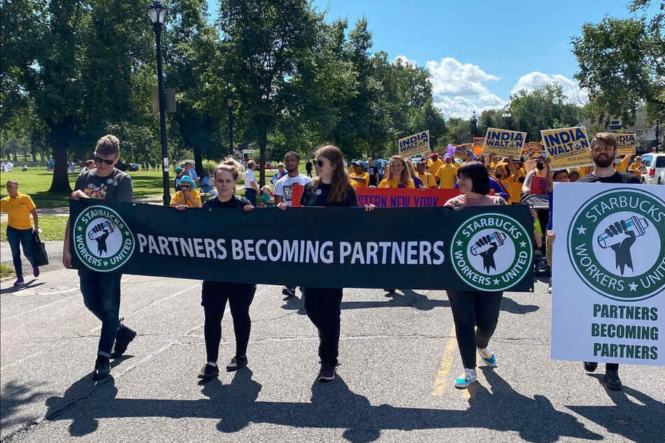 Starbucks workers and allies rally in support of ongoing unionization efforts in Buffalo.