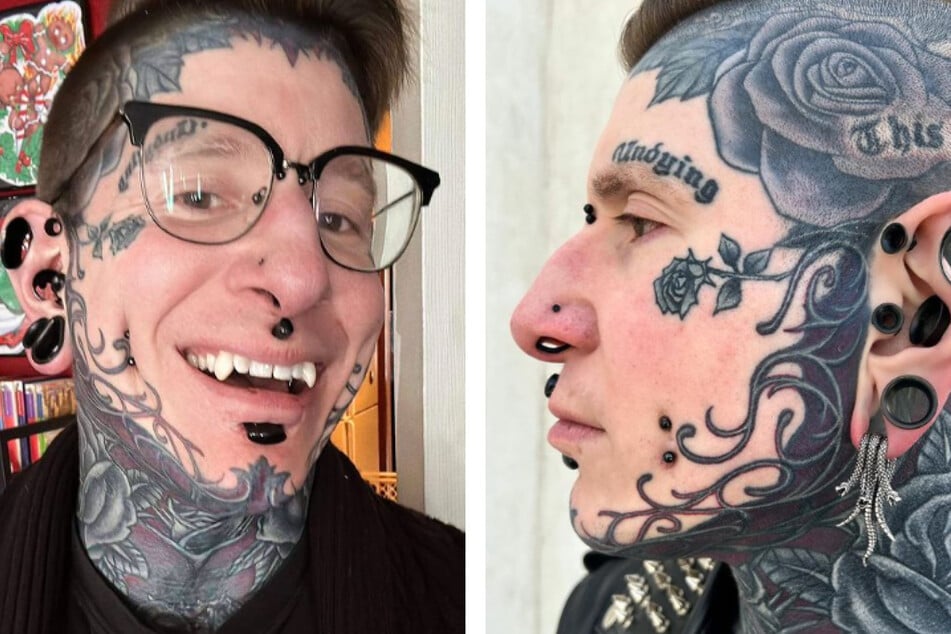 Tattoo artist, Remy, got some vampire fangs to go with his extreme look. What do you think?