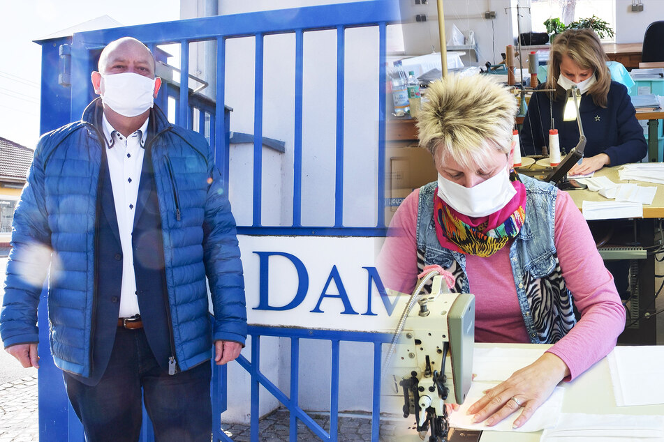 Im Großschönauer Textilbetrieb Damino werden seit drei Wochen waschbare Atemschutzmasken hergestellt. Eigentlich wird in der Firma von Dirk Ladenberger (l.) Bett- und Tischwäsche genäht.