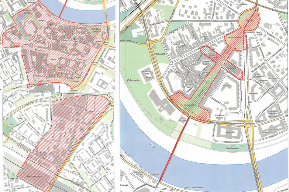 Das Alkoholverbot gilt rund um den Hauptbahnhof (l. u.), über die Prager Straße, der Altstadt (l.o.), der Augustusbrücke, dem Albertplatz bis hin zur Neustadt.