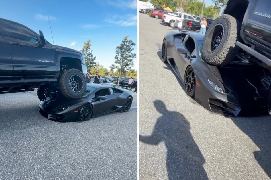 In Florida fuhr ein Pickup-Truck auf einem Parkplatz auf einen neuen Lamborghini auf.