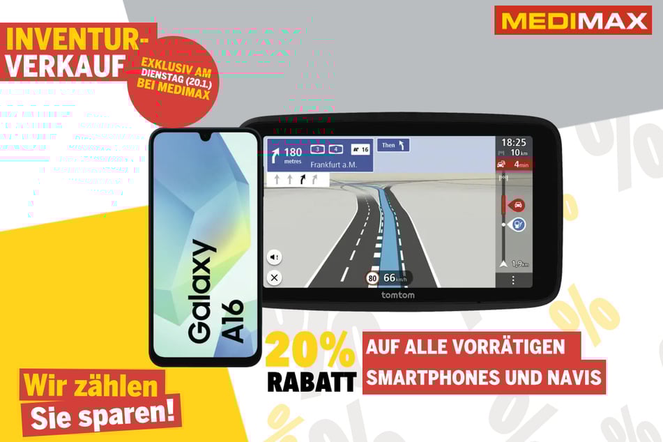 20 Prozent Nachlass auf alle Produkte aus dem Bereich Smartphone und Navi.