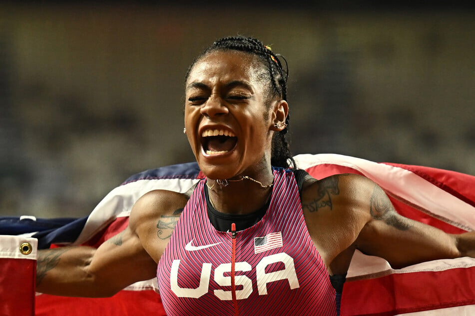 Sha'carri Richardson of the United States celebrates winning gold in the Women's 100-meter final at the World Athletics Championship in Budapest, Hungary.