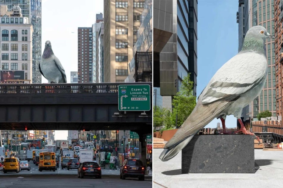 A16-foot-tall hand-painted hyperrealistic sculpture by Columbian-French artist Iván Argote was unveiled above the intersection of 10th Ave and 30th Street on the Highline.