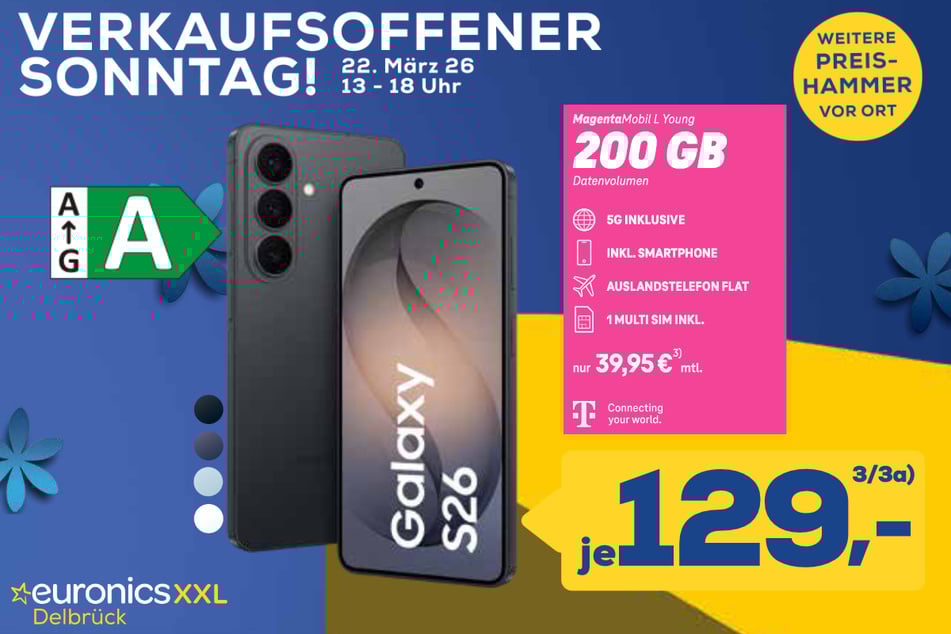 Samsung Galaxy S26 (512 GB) für 129 Euro im Telekom-Vertrag "MagentaMobil L Young" für 39,95 Euro/Monat.