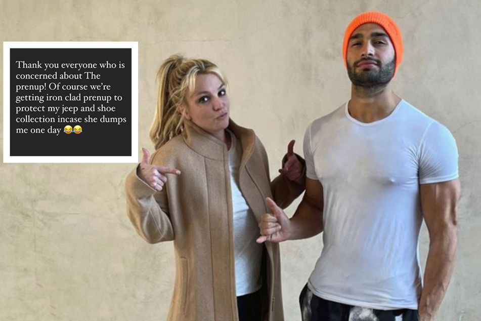 Sam Asghari (r.) addressed concerns regarding him signing a prenup one day after announcing his engagement to Britney Spears (l.).