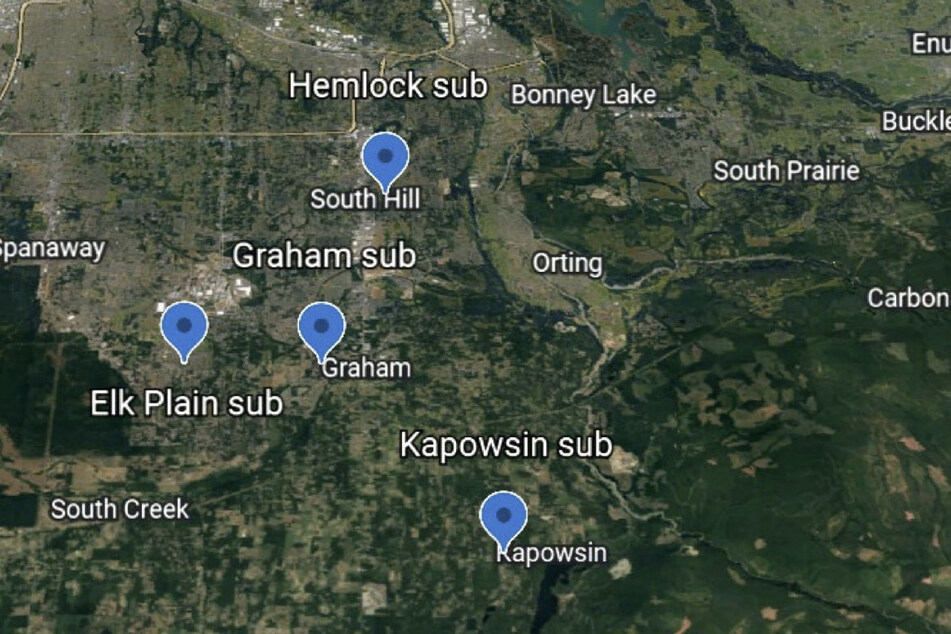 A map of the four substations hit in the attacks that took place in Washington state on Christmas Day.