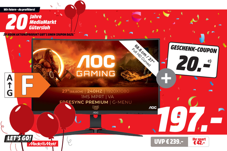 AOC-Gaming-Monitor für 197 statt 239 + 20-Euro-Coupon.