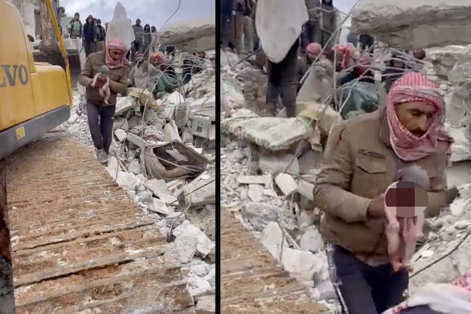 Ein Video aus Syrien zeigt den Moment, als das Neugeborene aus den Trümmern eines Hauses gerettet wird.