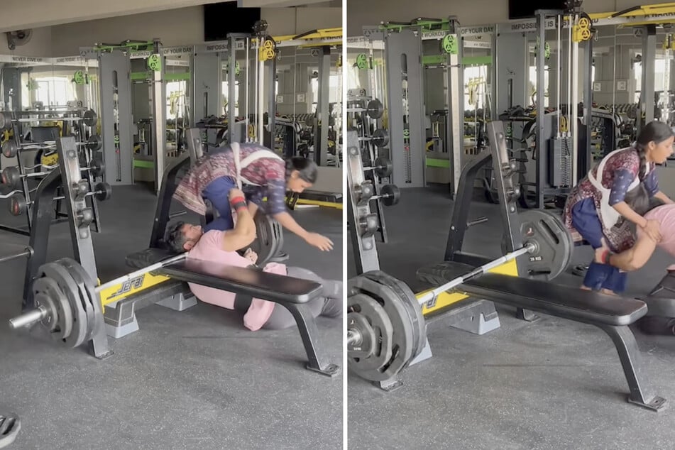 Verzweifelt versuchen der Bodybuilder und seine Frau die Gewichte wegzuheben. Am Ende kann sich Bishnu gerade so retten.