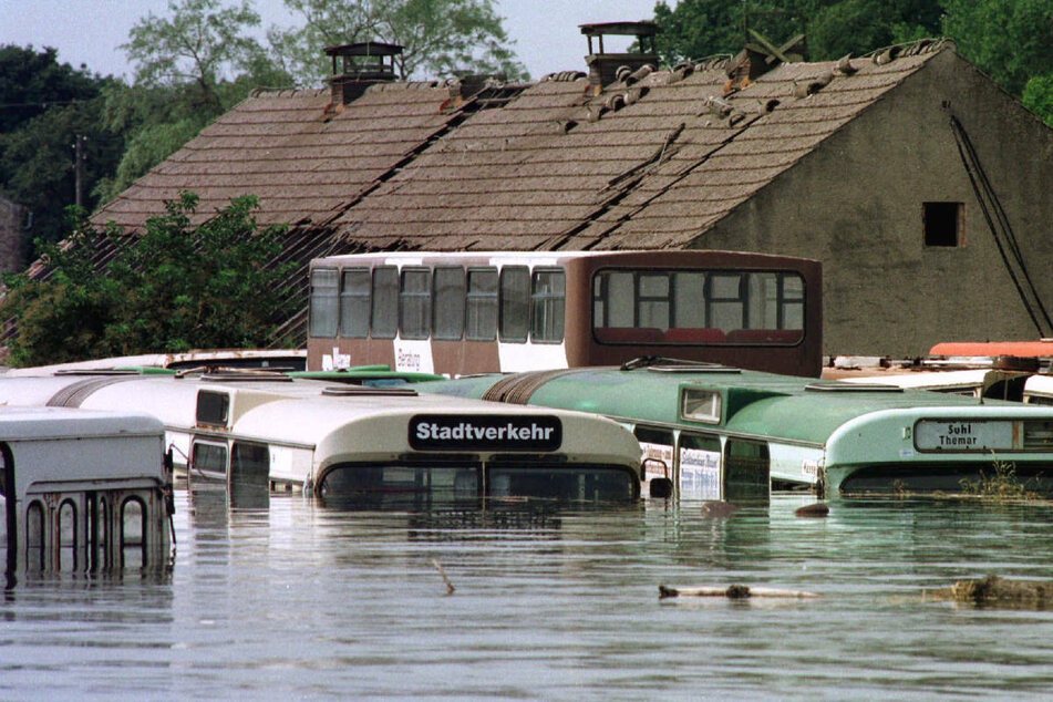 Solche Bilder sollen sich nicht wiederholen: Fast bis zum Dach stehen diese Busse am 27. Juli 1997 in der vom Oderhochwasser überfluteten Thälmann-Siedlung nahe dem brandenburgischen Eisenhüttenstadt. (Archivfoto)