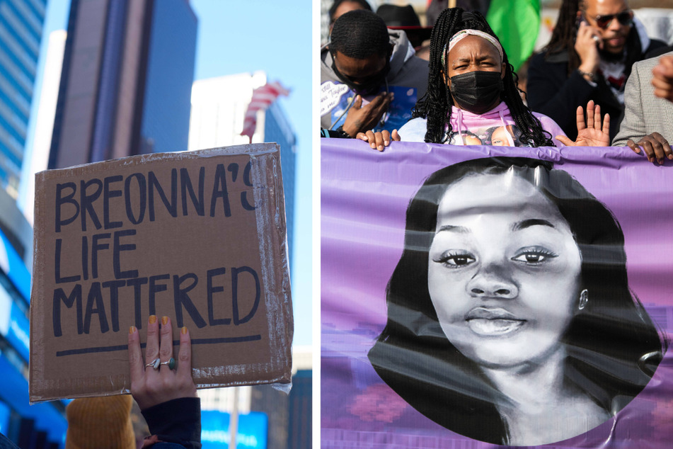 Tamika Palmer (r.), Breonna's mom, held a banner in front of a march on the One-Year Anniversary of the death of her daughter on March 13, 2021. This year, she's asking the DOJ to charge the officers involved.