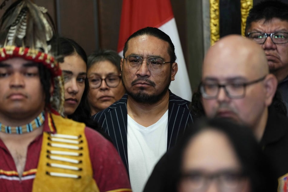 Sol Mamakwa (c.) stands with First Nations leaders at a news conference against Bill C-5, legislation to fast-track what Ottawa dubs "nation-building projects," on June 17, 2025.