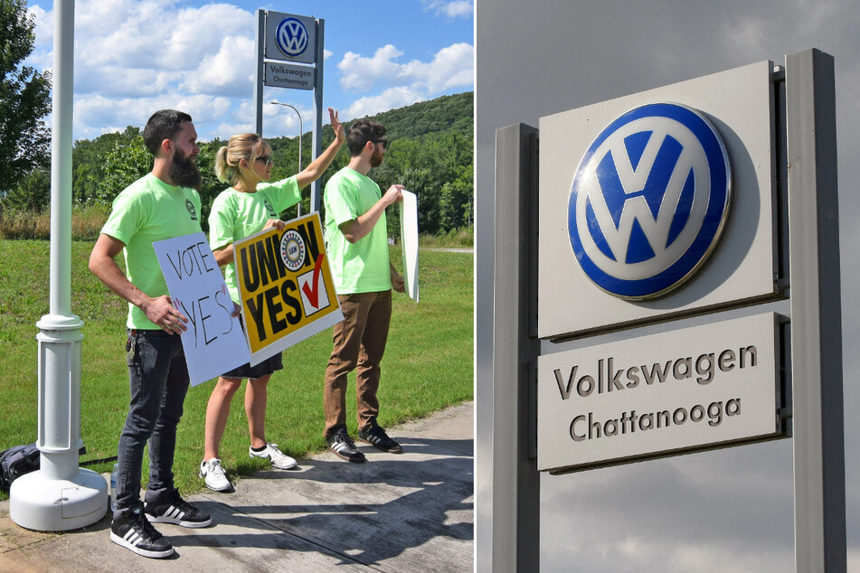 Autoworkers demonstrate in favor of unionization outside Volkswagen's plant in Chattanooga, Tennessee.