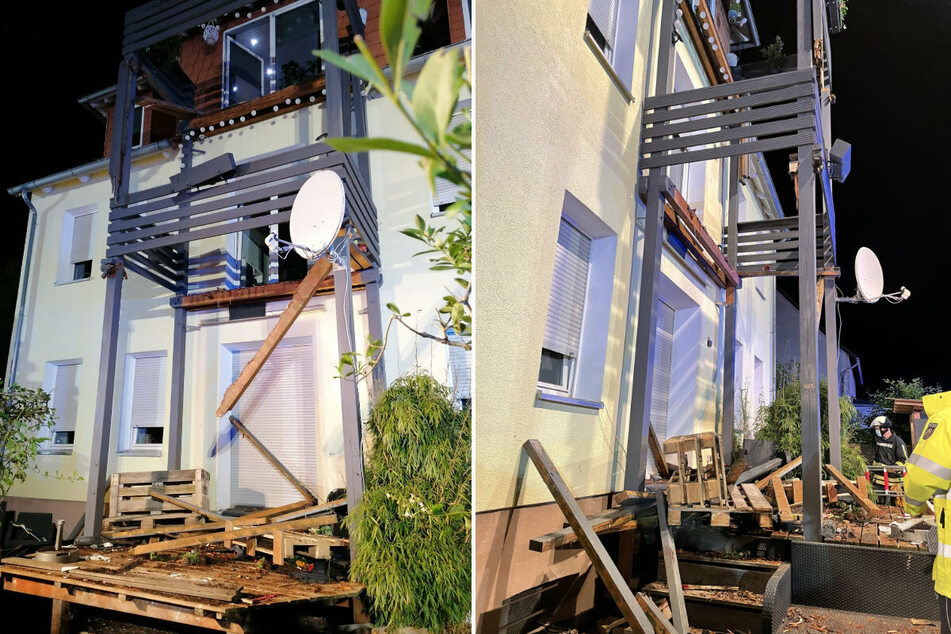 Die Trümmer des Balkons aus Holz. Dieser brach aus dem zweiten Stock durch den Balkon des ersten Stocks.