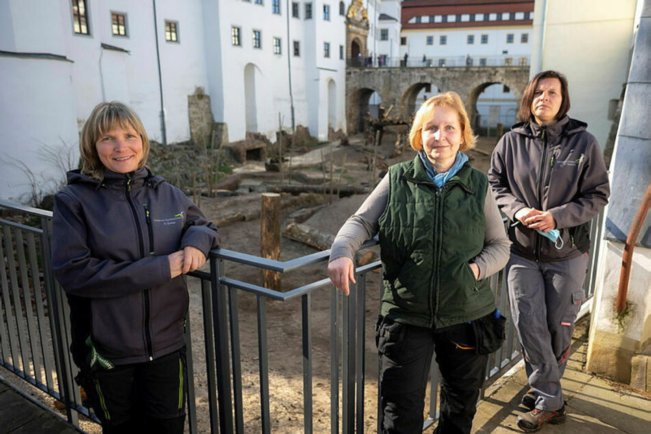 Die Torgauer Bären-Muttis (v.l.n.r.): Heide Grieser (53), Susann Heinrich (56) und Melanie Tennhardt (33) freuen sich über die Eröffnung des neuen Bärengrabens.