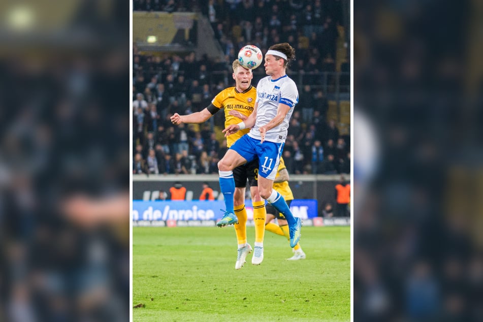 Dieses Duell könnte es in der neuen Saison wieder geben: Dresdens Jonas Sterner (l.) gegen Fabian Reese (28). Der spielt aber nicht mehr für Hertha, sondern für Wolfsburg.