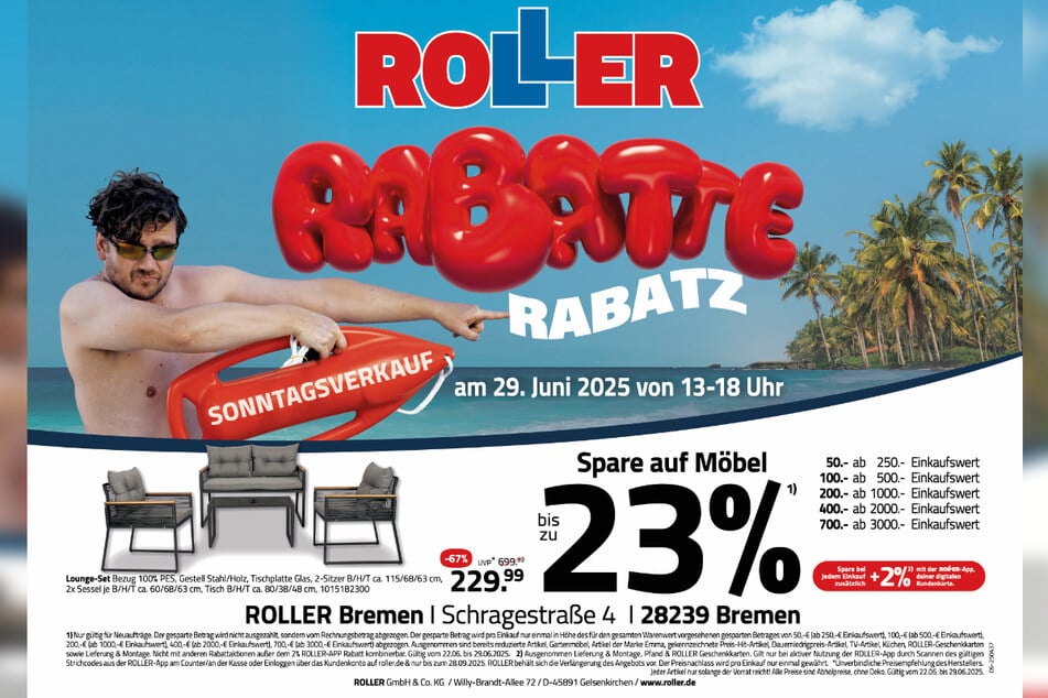 Zum verkaufsoffenen Sonntag (29.6.) bei ROLLER in Bremen-Oslebshausen gibt's hochwertige Lounge-Sets satte 67 Prozent günstiger.