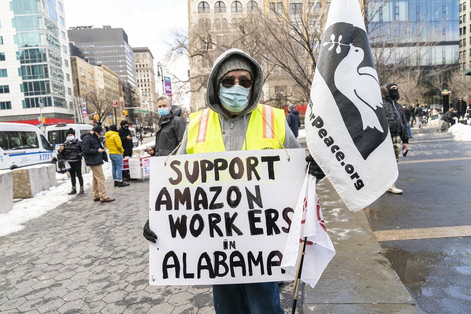 Protesters in New York City rally in support of the Amazon workers in Alabama.