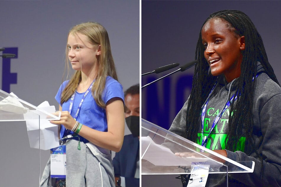 Greta Thunberg (l.) and Vanessa Nakate (r.) giving their keynote speeches at youth4climate conference in Milan on September 28.