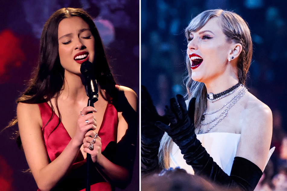 Taylor Swift (r) sang and danced along to Olivia Rodrigo's performance of vampire at the 2024 Grammy Awards.