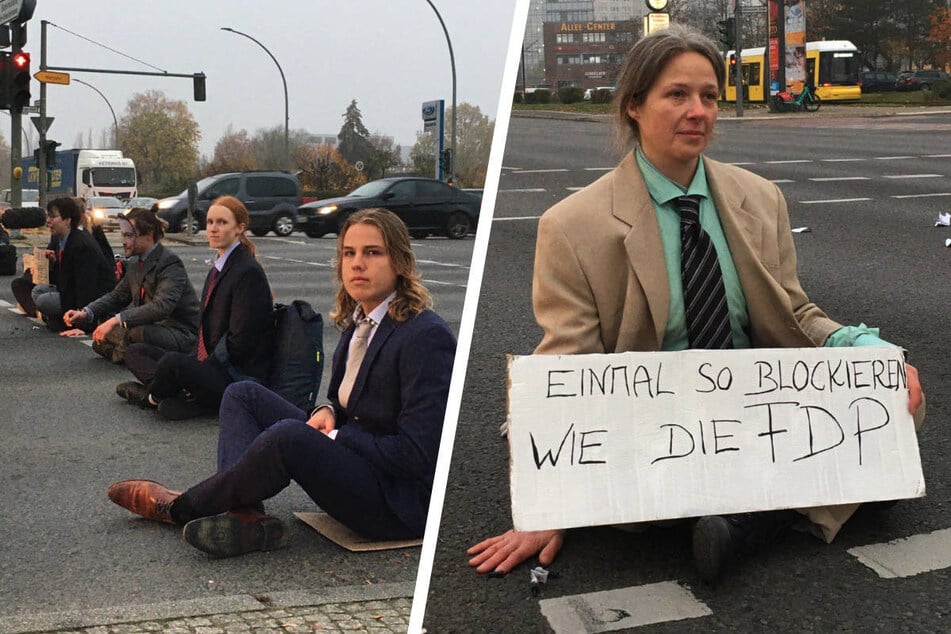 "Letzte Generation" blockiert in Politiker-Outfits Berlins Straßen: Autofahrerin tritt zu!