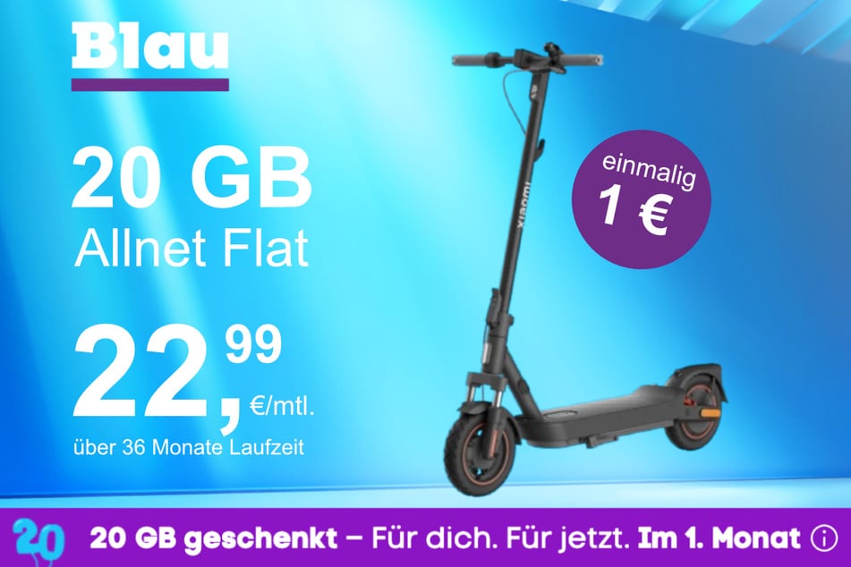 Der Xiaomi E-Scooter 5 Max im Blau Allnet M für einmalig 1 Euro.