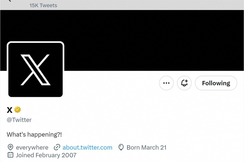 A screen capture of Twitter's official page with an "X" on the profile image is seen on July 23, 2023.
