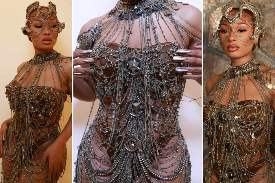 Megan Thee Stallion's next big Paris Fashion Week look was a bold chain-link dress and matching headpiece at the Gaurav Gupta show on Wednesday morning.