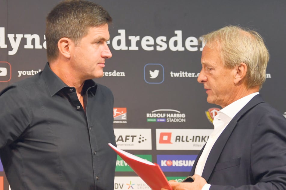 Dynamo Dresdens Sportgeschäftsführer Ralf Becker (l.) und Aufsichtsratschef Jens Heinig entschieden endgültig, nicht gerichtlich gegen den abgelehnten Antrag auf Aufstockung der 2. Bundesliga vorzugehen.