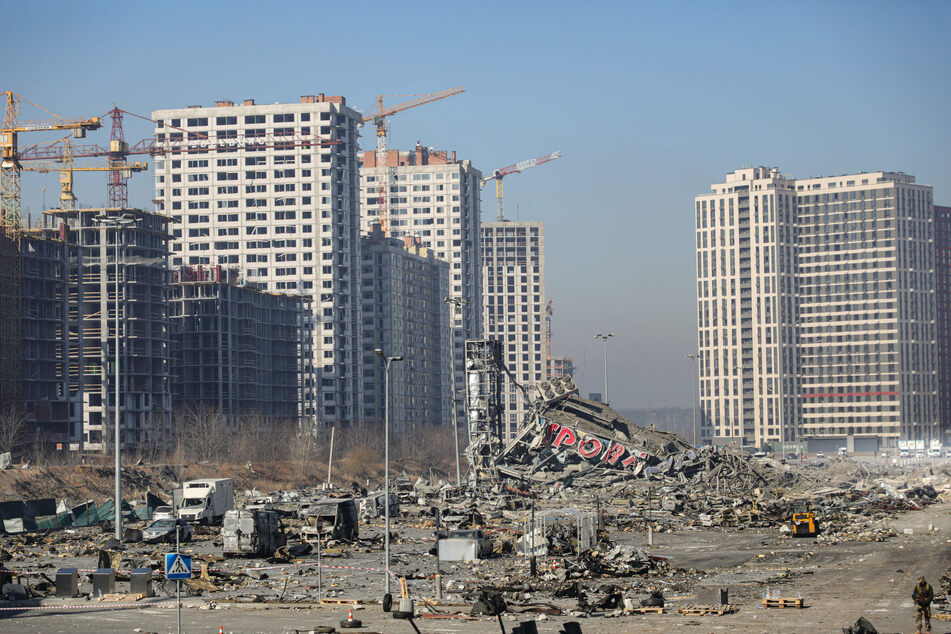 A shopping mall lies in ruins after a missile strike of the Russian troops in the Podilskyi district of Kyiv.