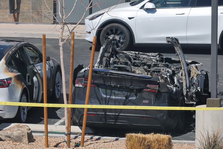 Burned Teslas are shown at a Tesla Collision Center after an individual used incendiary devices to set several vehicles on fire on Tuesday in Las Vegas, Nevada.