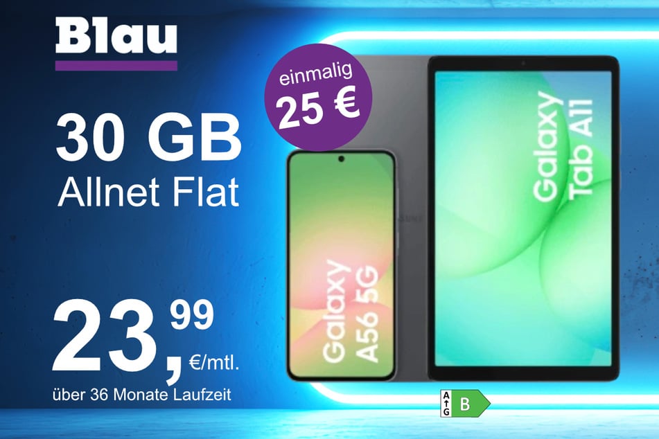 Das Samsung Galaxy A56 + Tab A11 im Blau Allnet L für einmalig 25 Euro.