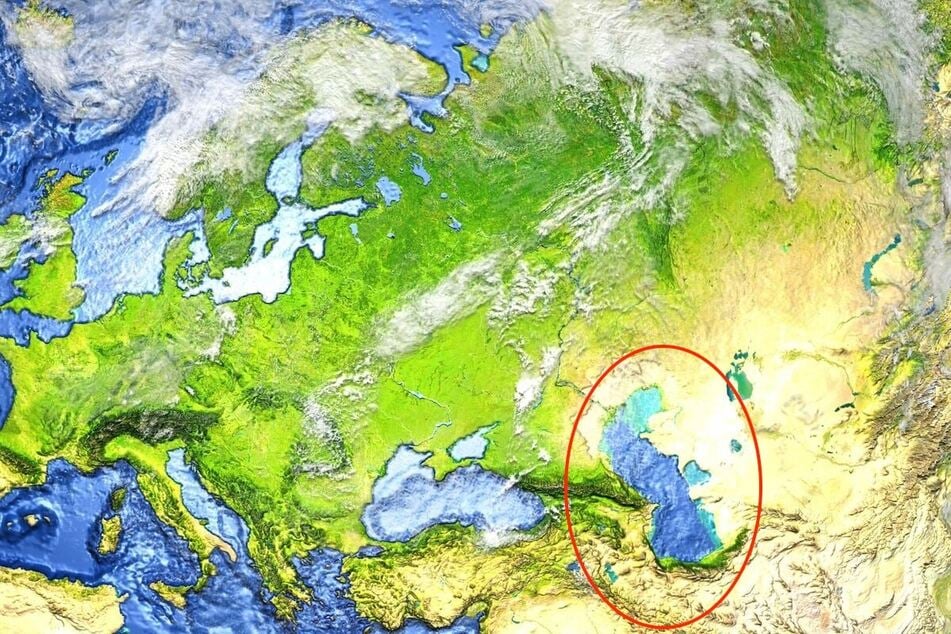 Das Kaspische Meer (rechts im Bild markiert) liegt auf zwei Kontinenten.