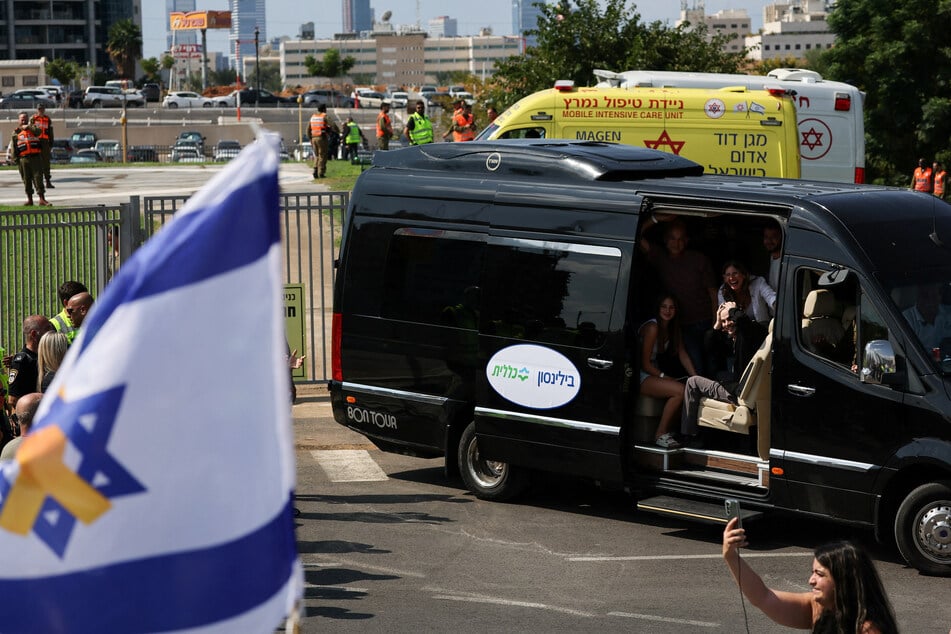 Released Israeli prisoner Alon Ohel arrives at Rabin Medical Center-Beilinson Hospital in Petah Tikva on October 13, 2025, as part of a Gaza ceasefire deal.