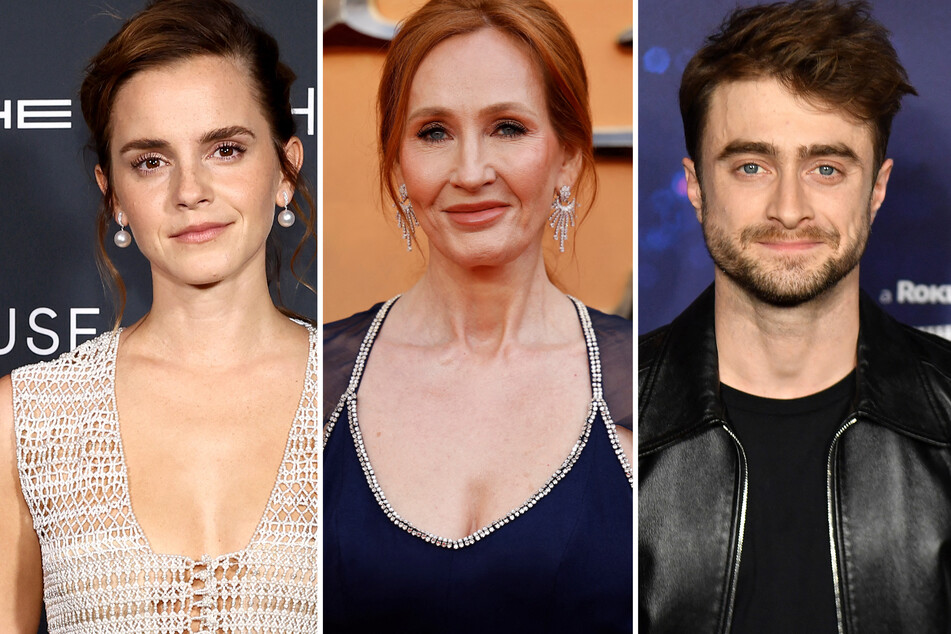 Harry Potter author JK Rowling (c.) slammed celebrities who have supported the transitioning of children, including film stars Emma Watson (l.) and Daniel Radcliffe.